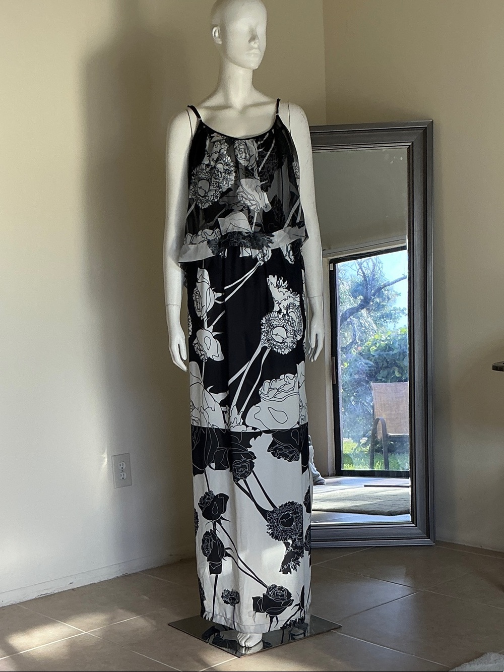Analili Black and White Floral Maxi Dress with Spaghetti Straps